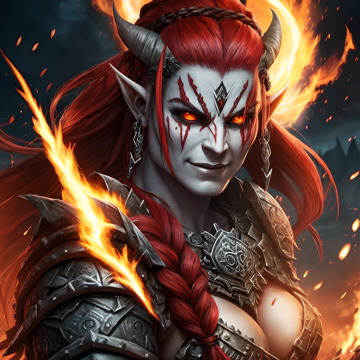Berserker, Barbarian female orc,  Arte de Fantasia, of his gaze alone enemies beginning to panic, one head, devilish smile, besta do inferno, demonio, White Fire Sky, guerreira, com foice e escudo, lindo, Female orcs, Werelion, Long red braided hair, olhos dourados brilhantes, realista, altamente detalhados, Motor irreal, 8k de luxo