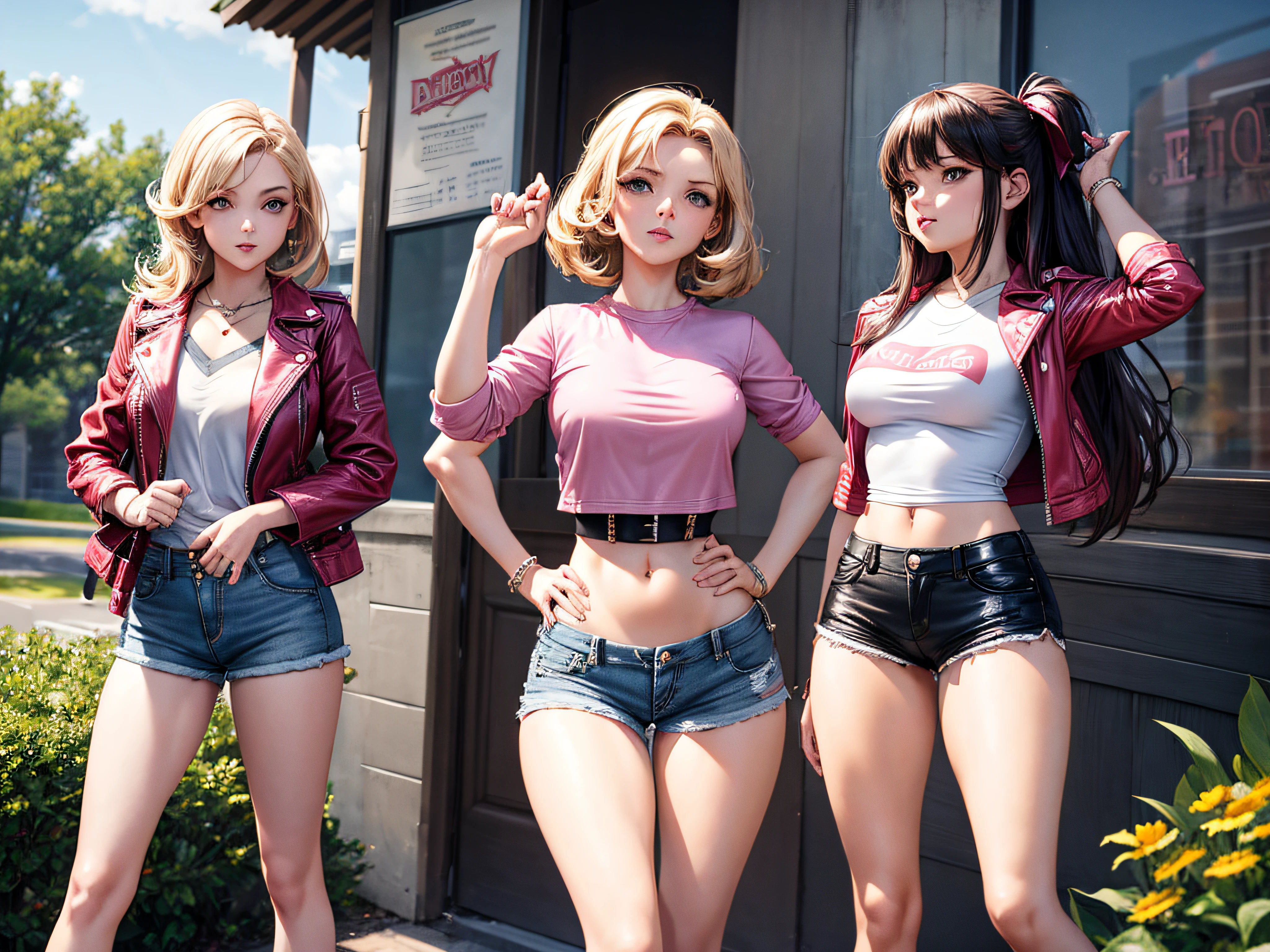 harems Multiple girls are depicted a smile a blond Pink hair leather jackets blue eyess top-quality masterpiece 超A high resolution swim wears Huge Loose socks