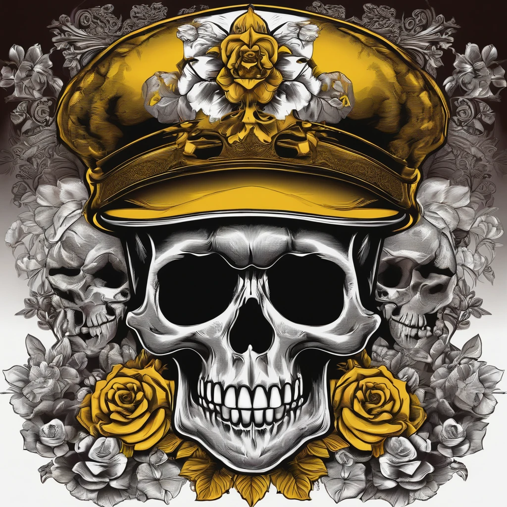 a  skull with cap on it's head vector,detailed digital art, adorned with demon skulls, skull design for a cute poster,gun,detailed art cartoon in color,cute skull with yellow eyes