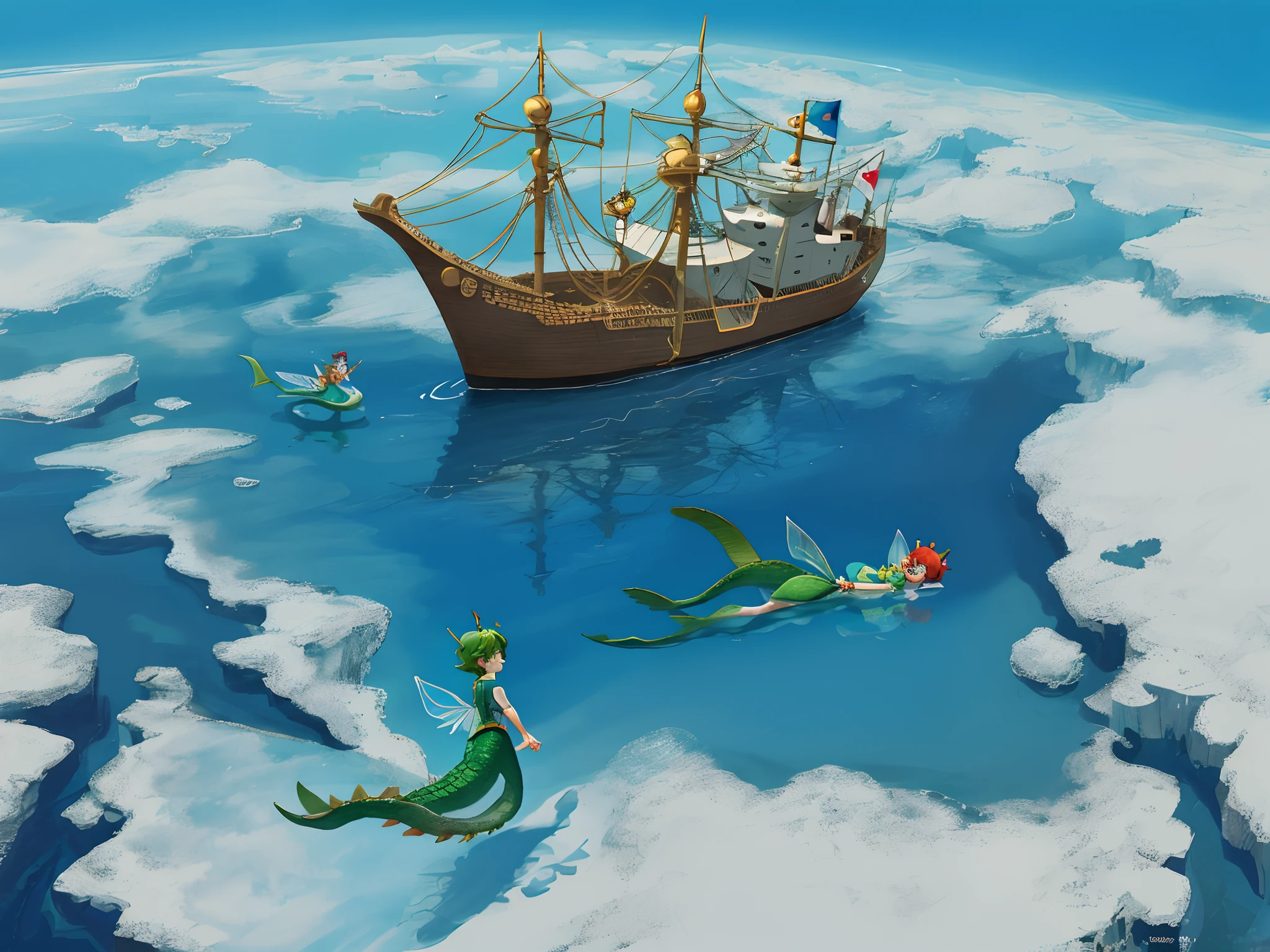 Peter Pan, au pays imaginaire, Tinker Bell Fairy, les enfants perdus, crocodile, capitaine crochet, le bateau, Mermaids. Vu de dessus