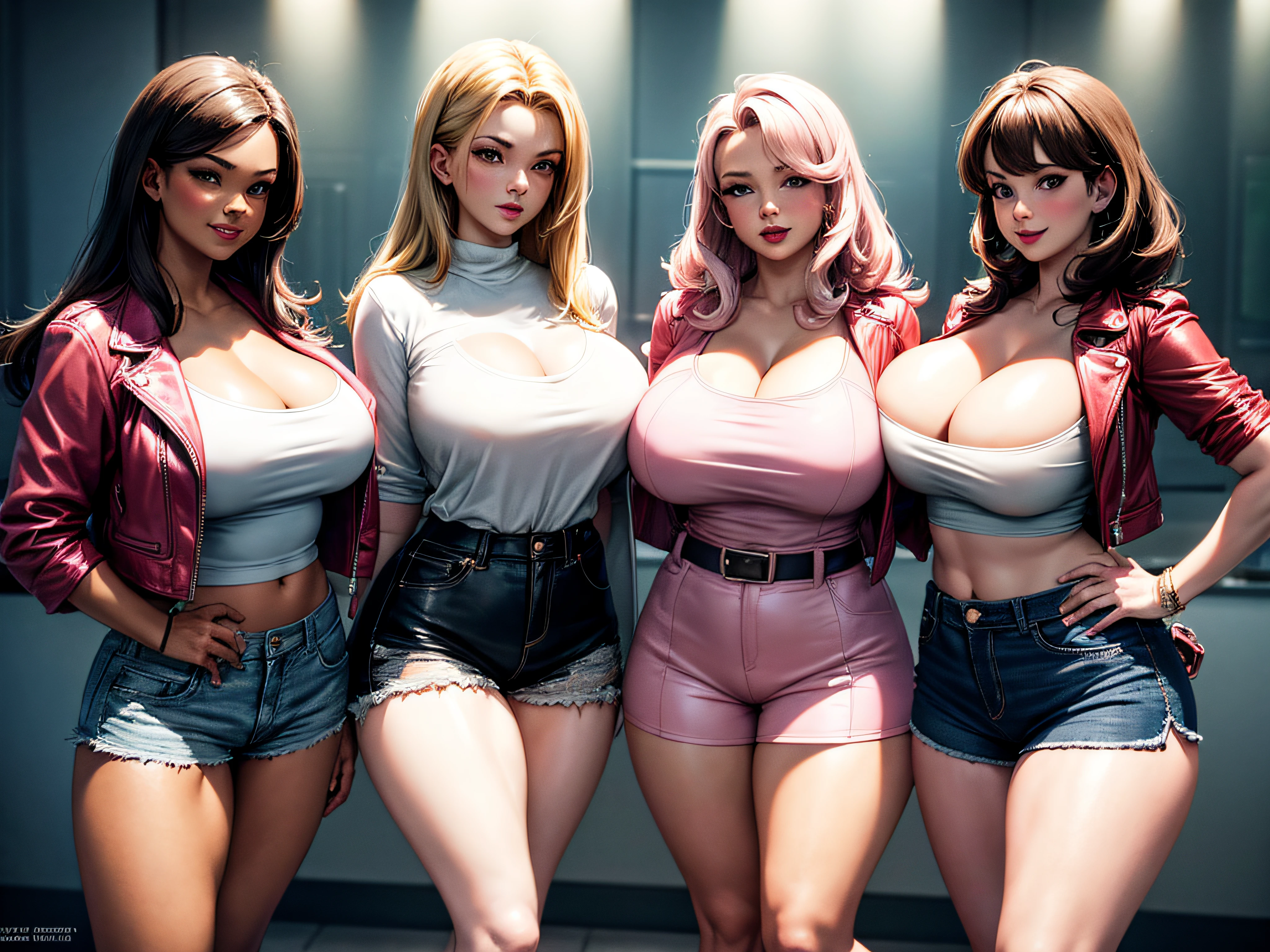 5 sexy ladies with enormous tits, dressed in pink leather jackets, daisy dukes shorts, stand side by side as to say we rule, in a 1950s high school