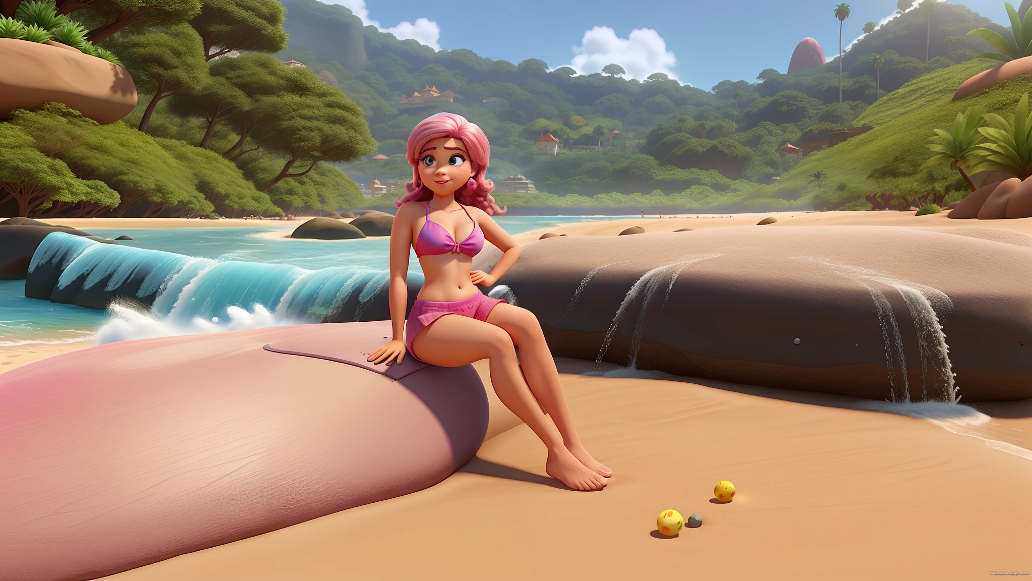 Mulher estilo Disney Pixar, in pink bikini, cabelo longo caindo no ombro, sentada em uma pedra no rio, com o sol no fundo.