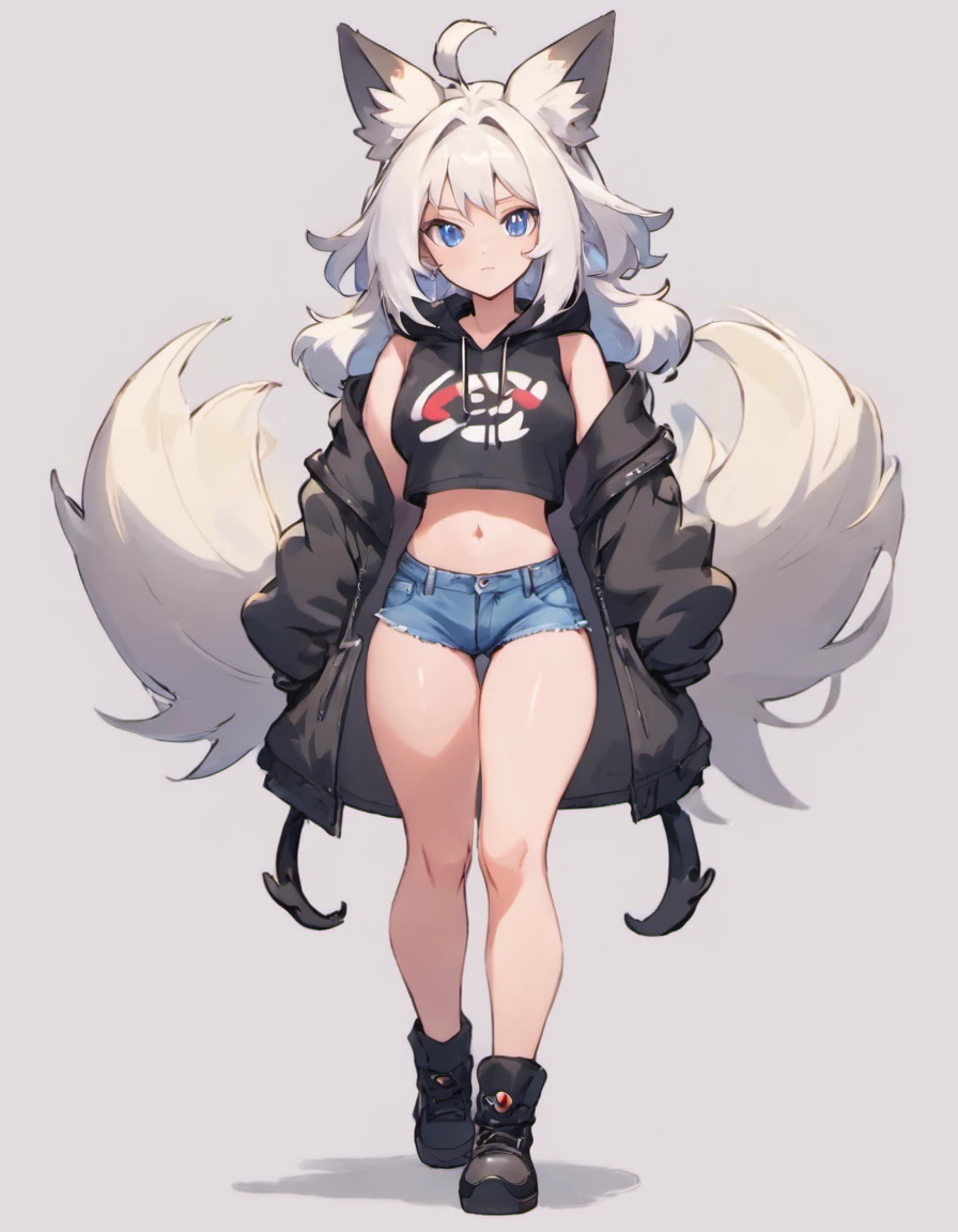 male, Short, has Long white hair, has wolf ears, has wolf tail, has blue eyes, wearing denim short shorts, thigh high fishnets, black combat boots, wearing cropped black hoodie, flat chest, super flat chest, solo femboy, only one femboy ((FLAT CHEST)) (ALONE)(SOLO) Alone, solo, wide hips, thicc thighs, male, is male