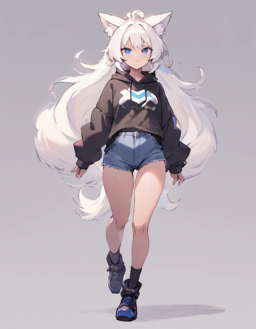 male, Short, has Long white hair, has wolf ears, has wolf tail, has blue eyes, wearing denim short shorts, thigh high fishnets, black combat boots, wearing cropped black hoodie, flat chest, super flat chest, solo femboy, only one femboy ((FLAT CHEST)) (ALONE)(SOLO) Alone, solo, wide hips, thicc thighs, male, is male