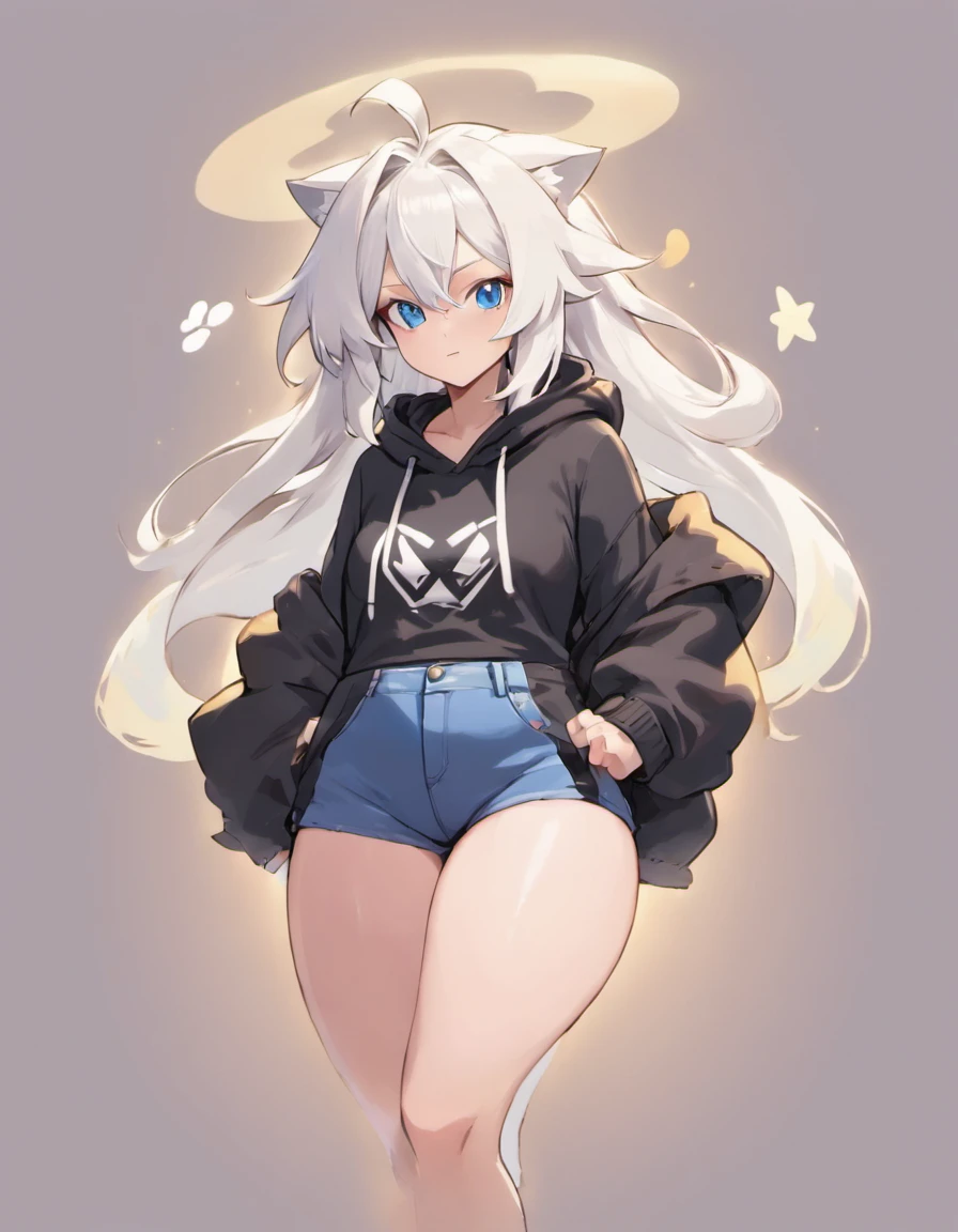 male, Short, has Long white hair, has wolf ears, has wolf tail, has blue eyes, wearing denim short shorts, thigh high fishnets, black combat boots, wearing cropped black hoodie, flat chest, super flat chest, solo femboy, only one femboy ((FLAT CHEST)) (ALONE)(SOLO) Alone, solo, wide hips, thicc thighs, male, is male