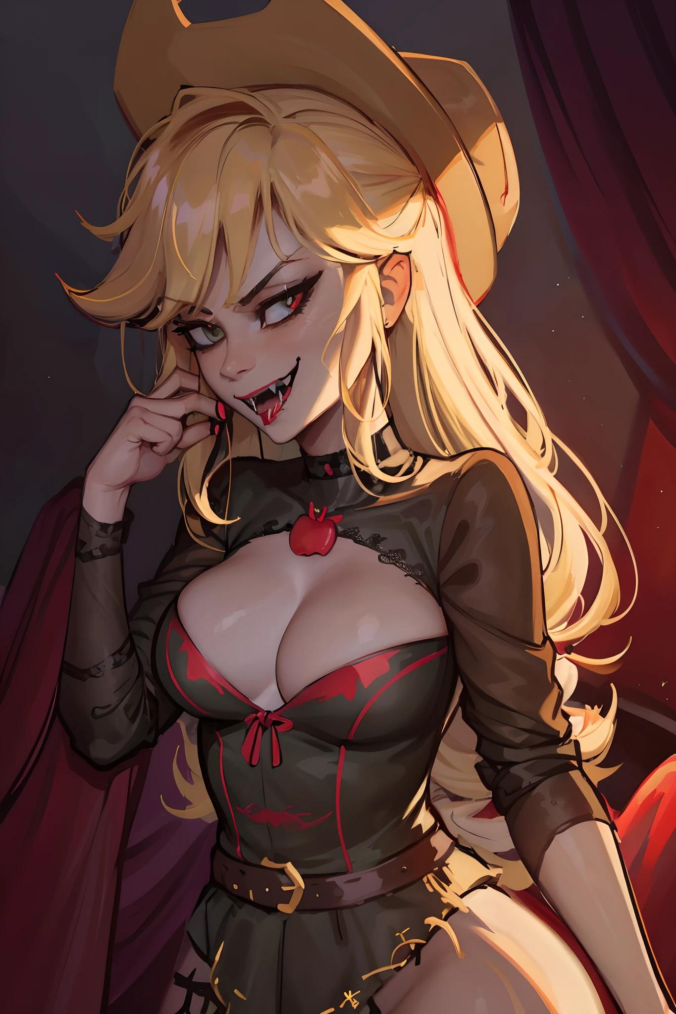 Apple Jack sexy halloween goth costume, dressed as a gothic vampire, fangs, sexy, beautiful, tits, ,mlpapplejacklow-tied long haircowboy hat, sultry, seductive, sultry seductive expression, fangs