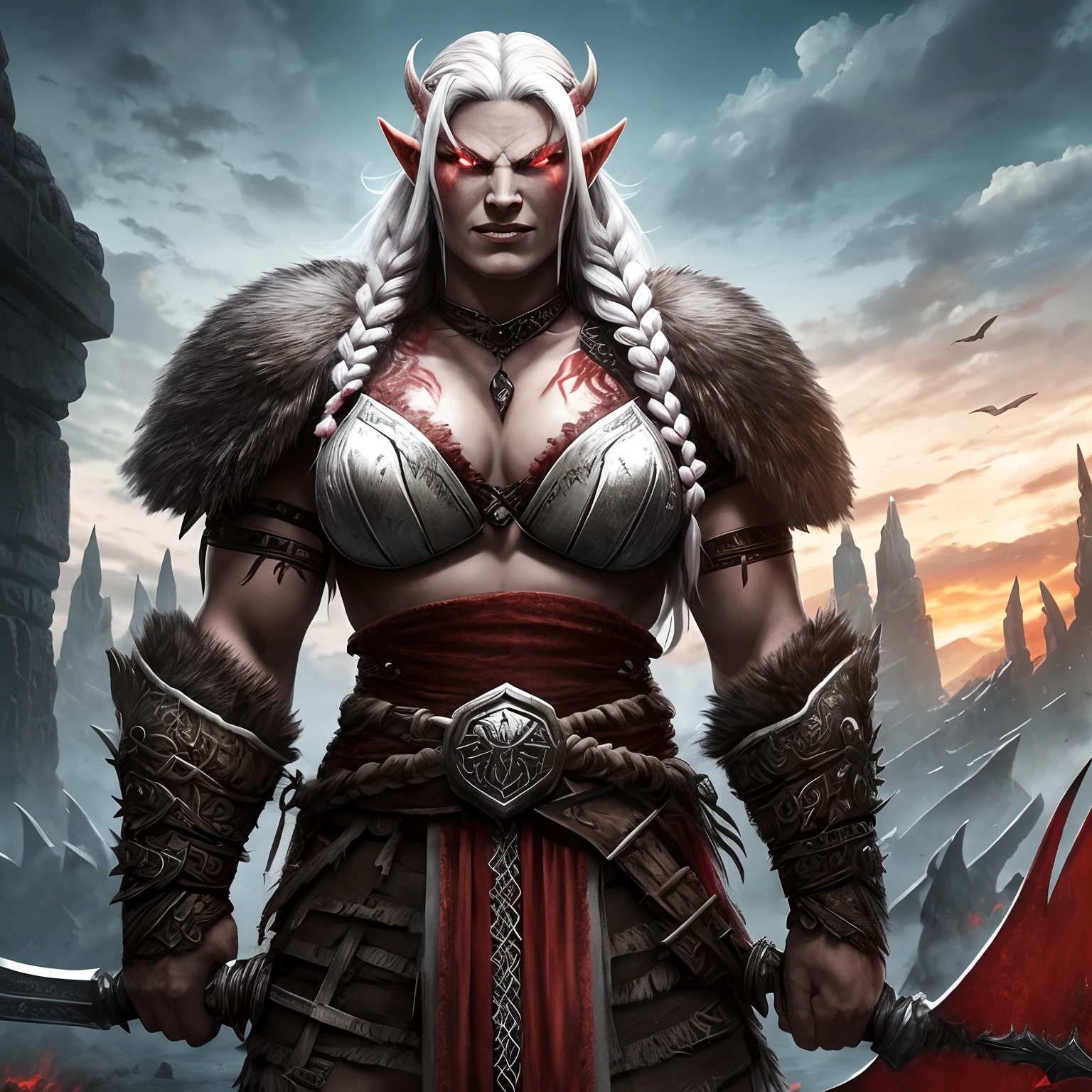 Berserker, Barbarian female orc, Arte de Fantasia, of his gaze alone enemies beginning to panic, one head, devilish smile, besta do inferno, demonio, White Fire Sky, guerreira, com foice e escudo, lindo, Female orcs, Werelion, Long red braided hair, olhos dourados brilhantes, realista, altamente detalhados, Motor irreal, 8k de luxo