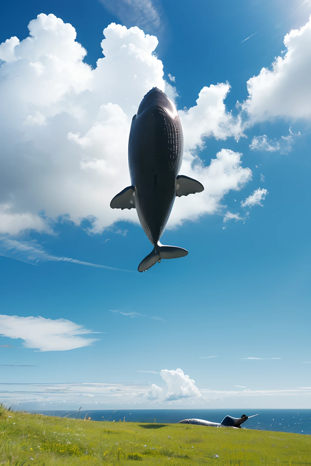 Realistic style, micro-business style, blue sky, grass, rich and monotonous color, there are whales flying in the air