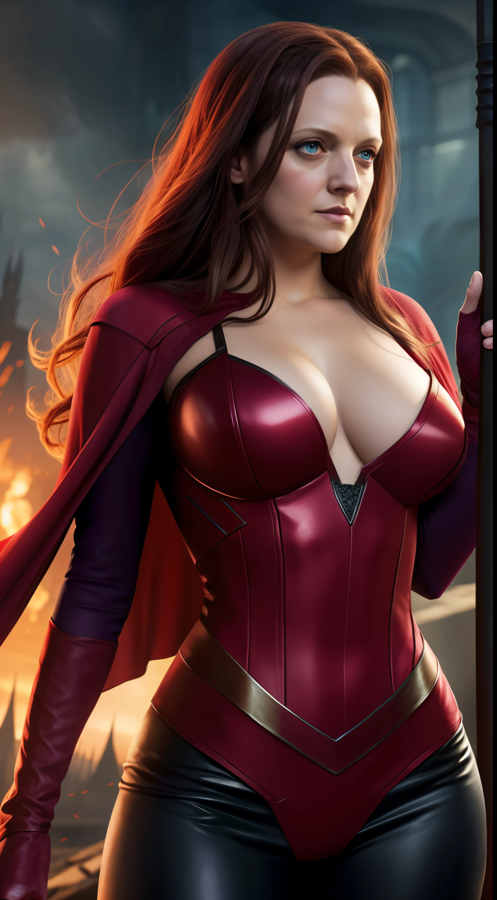 Scarlet Witch Played Elizabeth Moss, detailed eyes, scarlet witch costume, thick body, big Perky breast, big natural breast, thick hips, tight costumes, from Marvel Comics, fantasy setting, Dynamic poses, Marvel Universe Background, mysterious world background, Character concept, character art, Character portrait, tmasterpiece, beste-Qualit, best resolution, 8K