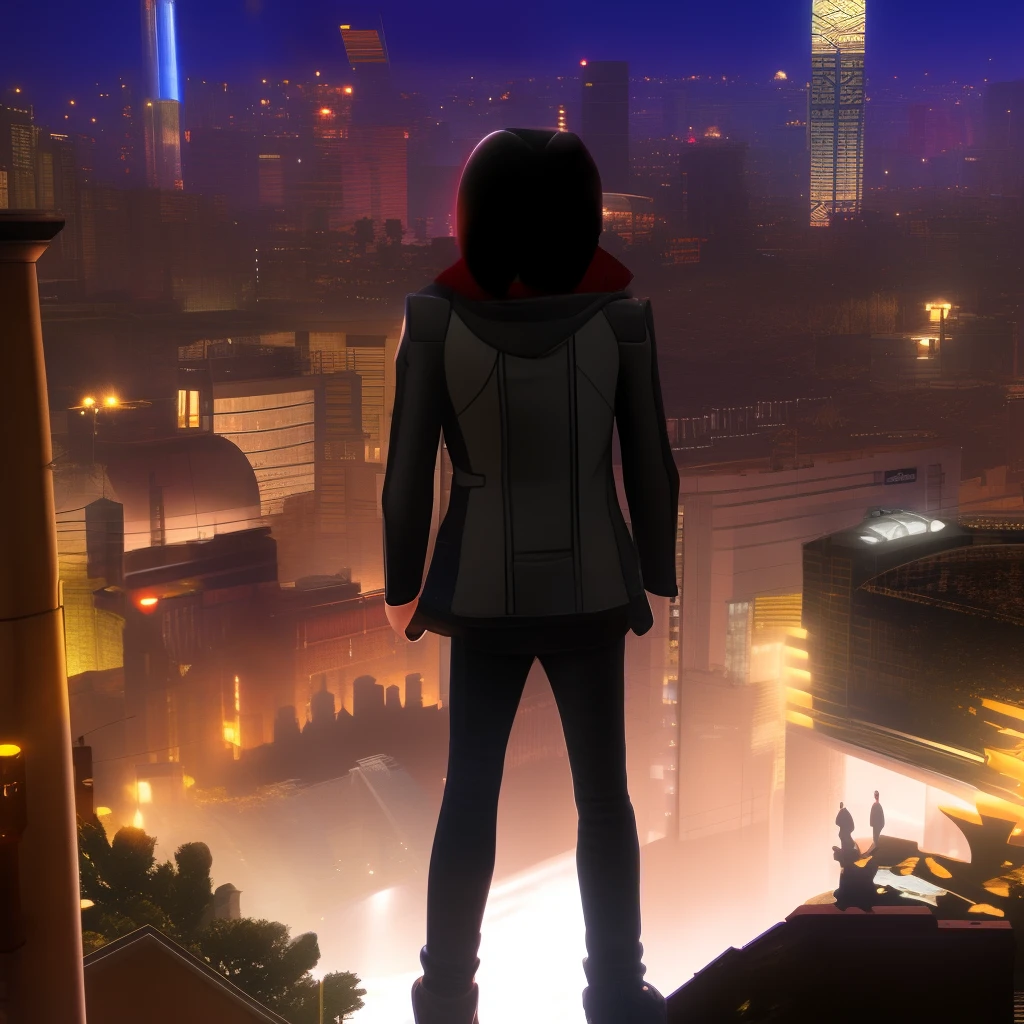 Shadow the hedgehog standing on a tall building looking at a city at night