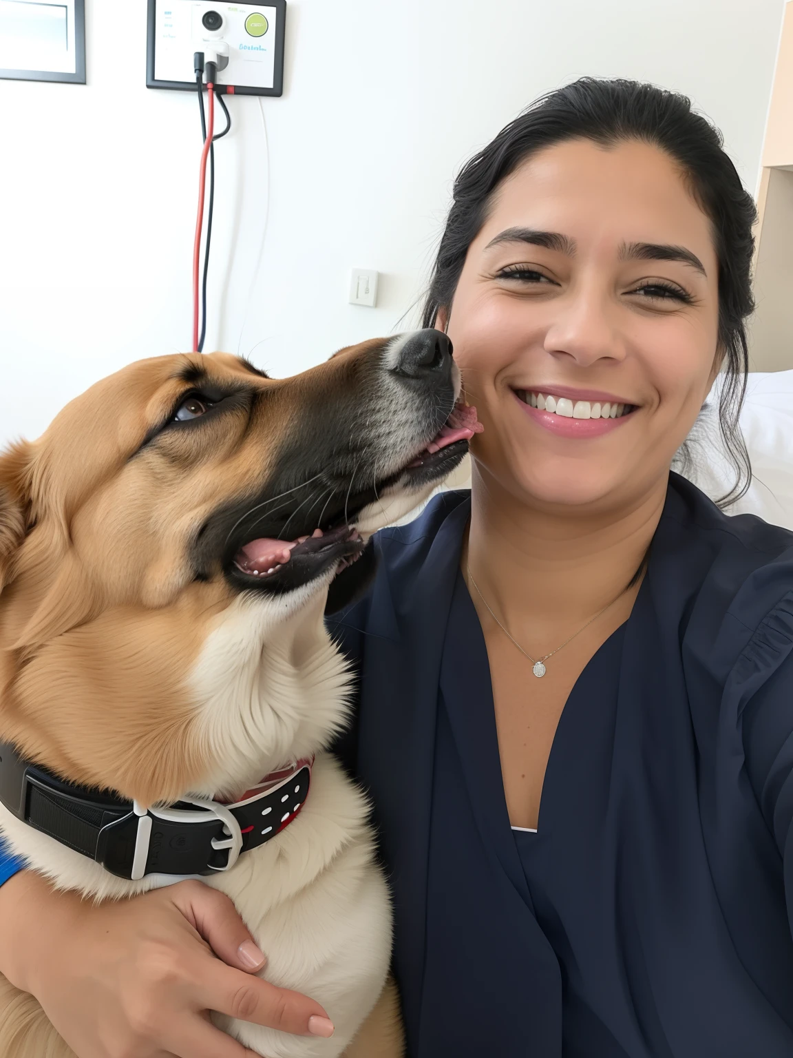 Smiling woman with dog in hospital room with IV drips, selfie of a dog, with dogs, happily smiling at the camera, feliz com a boca aberta, lambendo para fora, imagem de perfil, Directed by: Emma Andijewska, sorriso caloroso e gentil, Directed by: Nandor Soldier, divertindo-se, by Amelia Peláez, beijando juntos fofos