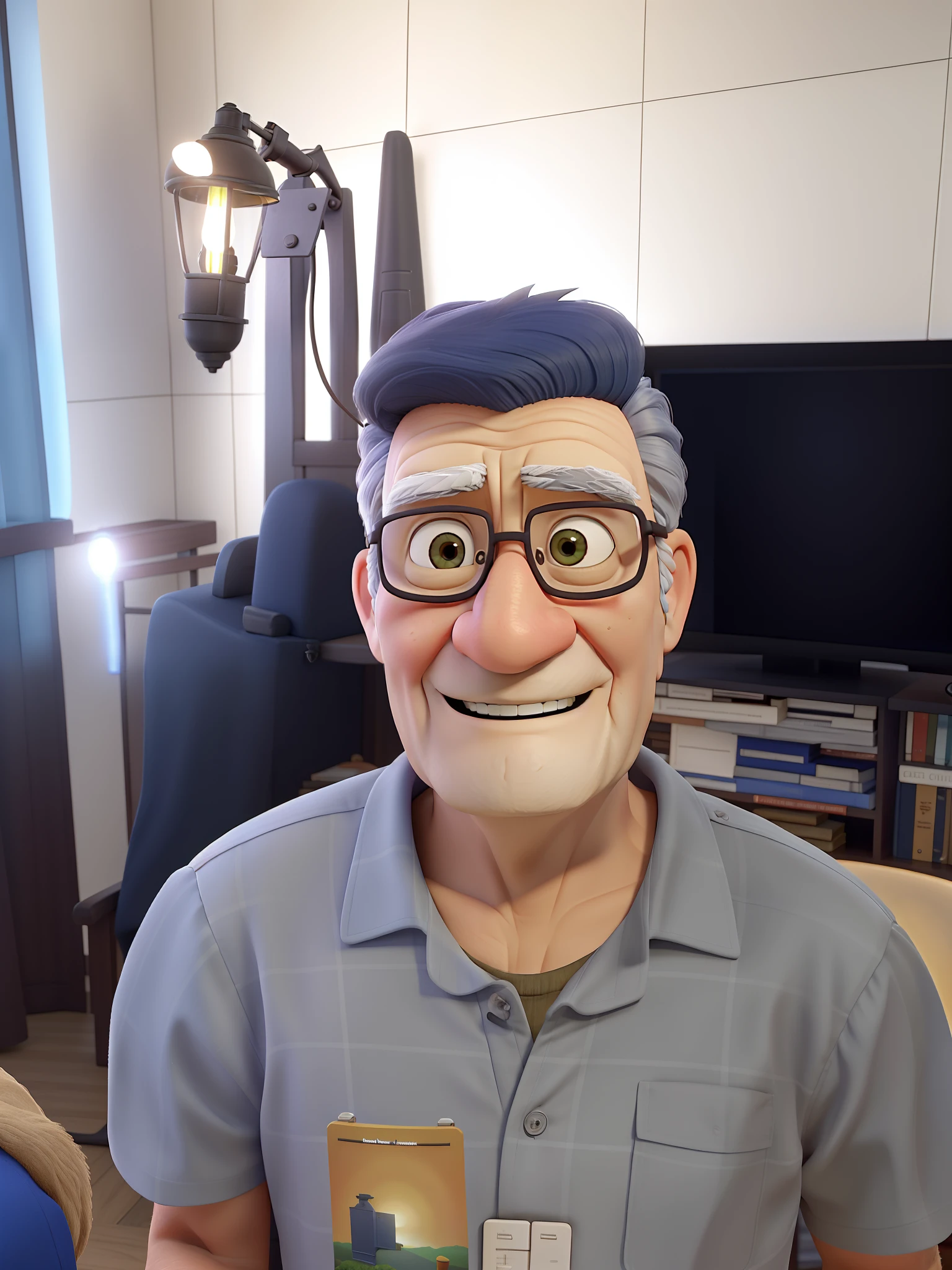 A wise old man standing in front, illuminated by the light of a lamp, contra o pano de fundo de uma biblioteca, um homem de cabelo cacheado estilo Disney puxar, melhor qualidade, alta qualidade