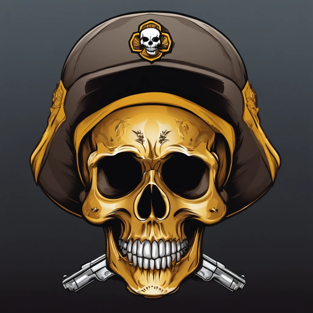 a  skull with cap on it's head vector,detailed digital art, skull design for a cute poster,gun,detailed art cartoon in color,cute skull with line yellow,logo type,white background