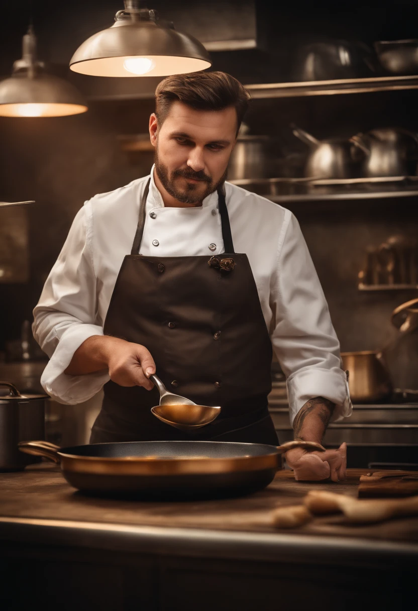 Steampunk-style painting Chef-cook kitchener kitchen saucepan, frying pan realism ((contact)) looking into the camera