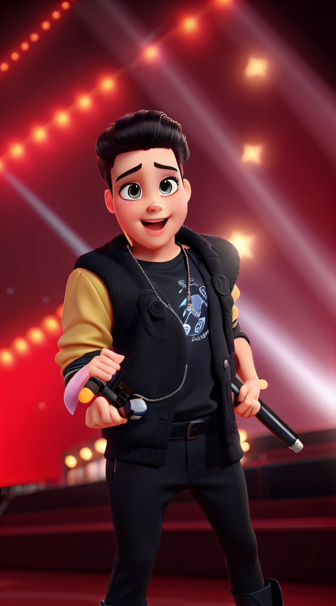 A young singer in black outfit and microphone in hand at a concert, olhos castanhos claro, hair combed back, Pixar Style Poster