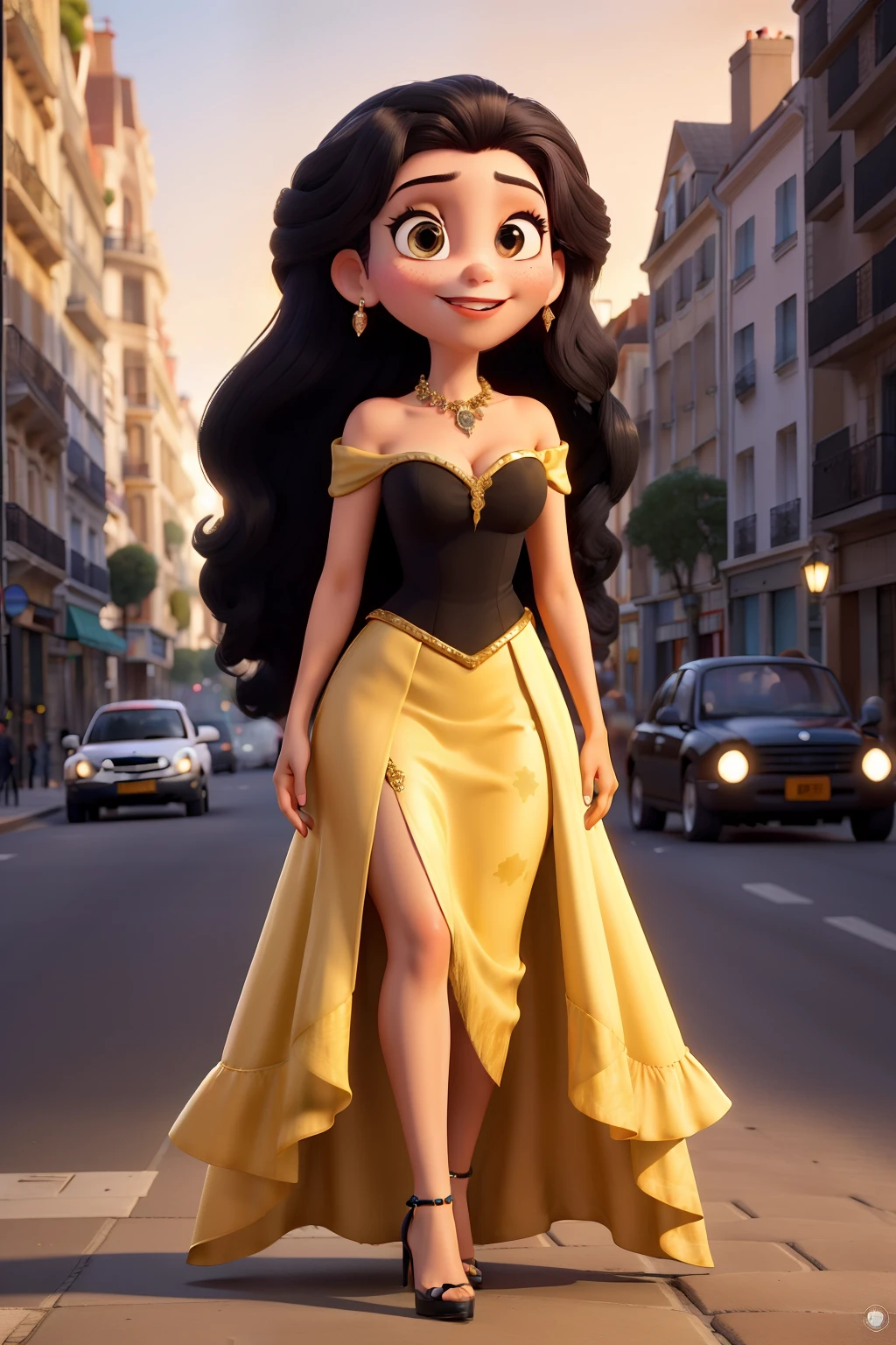 Obra-prima, de melhor qualidade, Raíssa Batista on Instagram, long hair like Rapunzel, black, black eyes and giant eyelashes, red lips, long dress tight to the body, blue color, white high heels, Many gold jewels inside a car in the night streets of Paris, a lot of money in the image, pixel style, name written on the screen, Raíssa Batista, Disney