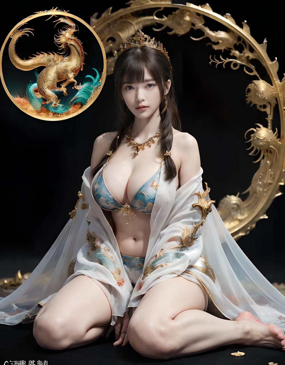 (Fight fiercely with dragons)、top-quality、​masterpiece、超A high resolution、（White Dragon Armor）、(((Colossal tits))),(((Variety of hairstyles))、(((Take different poses))),(Wearing a beautiful crown made of jewels),(Photorealsitic:1.4)、Raw photo、女の子1人、Golden hair、glowy skin、(((Japan Dragon)))、(((maikurobikini))),（Gorgeous Jewelry Necklaces）、（Mystical expression）、（Full Body Angle）、（Fight big dragons）、A dark-haired、poneyTail、With a beautiful knife、（Detailed Blue Metal Bikini）、(Detailed and beautiful flower garden)、Precipitous cliffs、(Castle background)、((super realistic details))、portlate、globalillumination、（sexypose）、Shadow、octan render、（Random hair）、8K、ultrasharp、Colossal tits、Raw skin is exposed in cleavage、metals、Details of complex ornaments、Japan details、highly intricate detail、Realistic light、CGSoation Trends、Blue eyes、radiant eyes、Facing the camera、Precipitous cliffs、Toostock、（Full Body Angle）、（veils）、(((Heavy Big))),