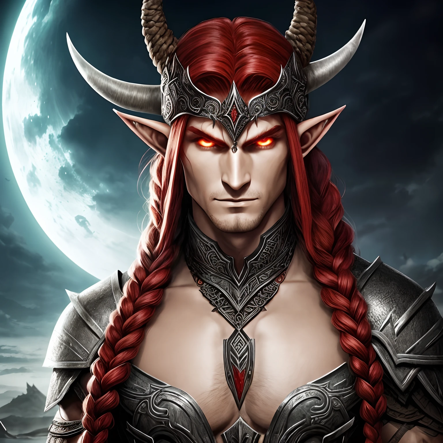 Berserker, Barbarian Elf, Arte de Fantasia, of his gaze alone enemies beginning to panic, one head, devilish smile, besta do inferno, demonio, White Fire Sky, guerreira, com foice e escudo, lindo, elfos, Werelion, Long red braided hair, olhos dourados brilhantes, realista, altamente detalhados, Motor irreal, 8k de luxo