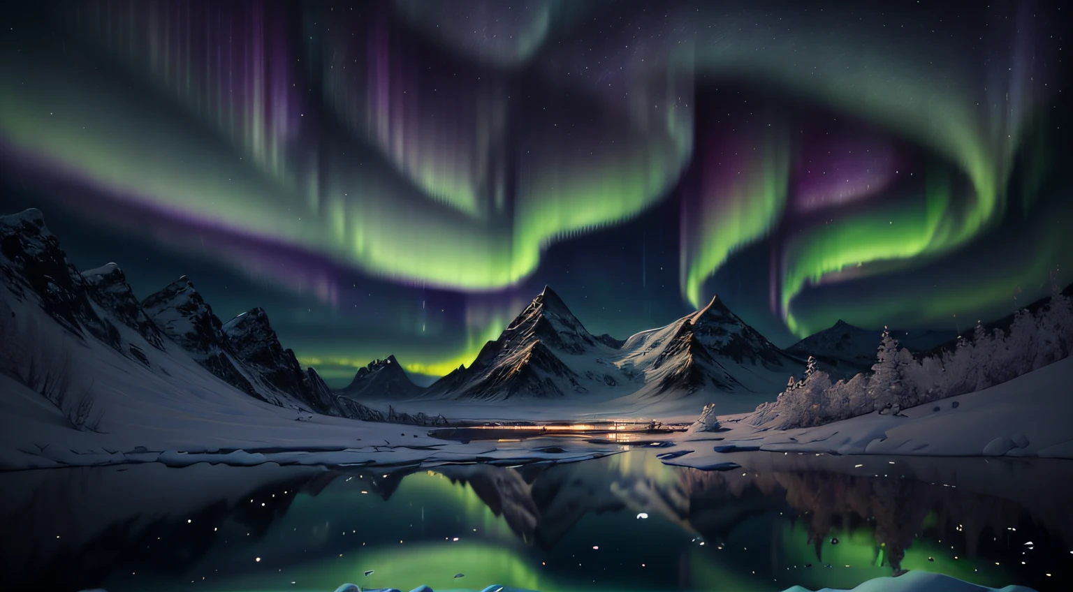Northern Lights,Bob Ross style,painting,scenic art,landscape,oil paint,soft brush strokes,vivid colors,aurora borealis,night sky,twinkling stars,mountains,snow-capped peaks,reflection on water,peaceful atmosphere,tranquil setting,warm color palette,dramatic lighting,serene beauty,magical glow,ethereal,harmony and balance,subtle texturing,masterpiece:1.2,highres,soft transitions,smooth blending,emotive,atmospheric,awe-inspiring,majestic,calm and soothing,vibrant hues,gentle movement,sublime vistas