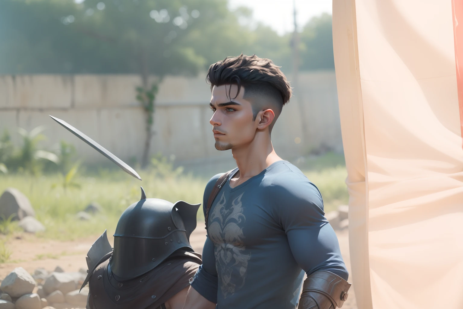 personagem meio-orc verde com armadura de deus da guerra, com corte de cabelo longo Azul escuro e cavanhaque Azul, olhos amarelos, ectomorfo com Poucos musculos