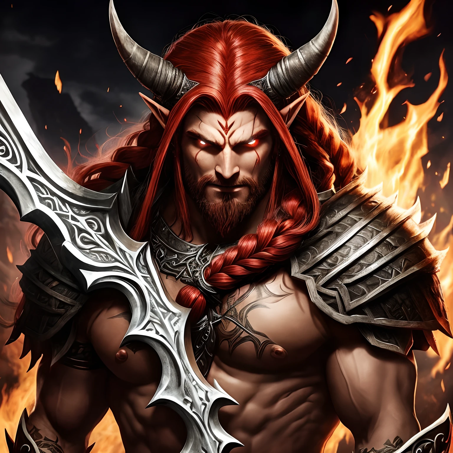 Berserker, Barbarian Elf, Arte de Fantasia, of his gaze alone enemies beginning to panic, one head, devilish smile, besta do inferno, demonio, White Fire Sky, guerreira, com foice e escudo, lindo, elfos, Werelion, Long red braided hair, olhos dourados brilhantes, realista, altamente detalhados, Motor irreal, 8k de luxo