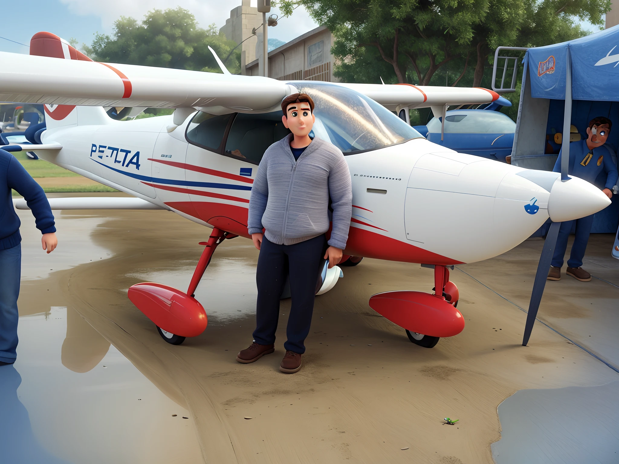 Criar uma imagem estilo disney pixar. Brunette man in front of a small plane