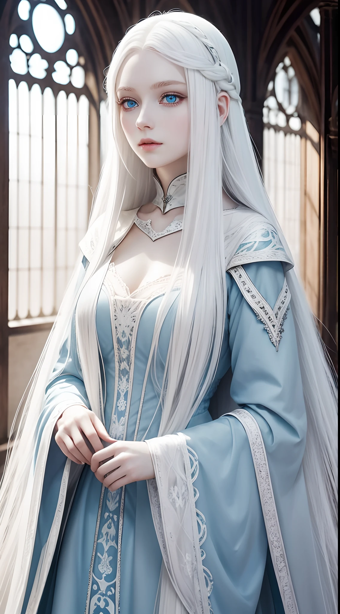 Beautiful medieval woman long pure white hair, pale ice light blue eyes, extremely pale skin,