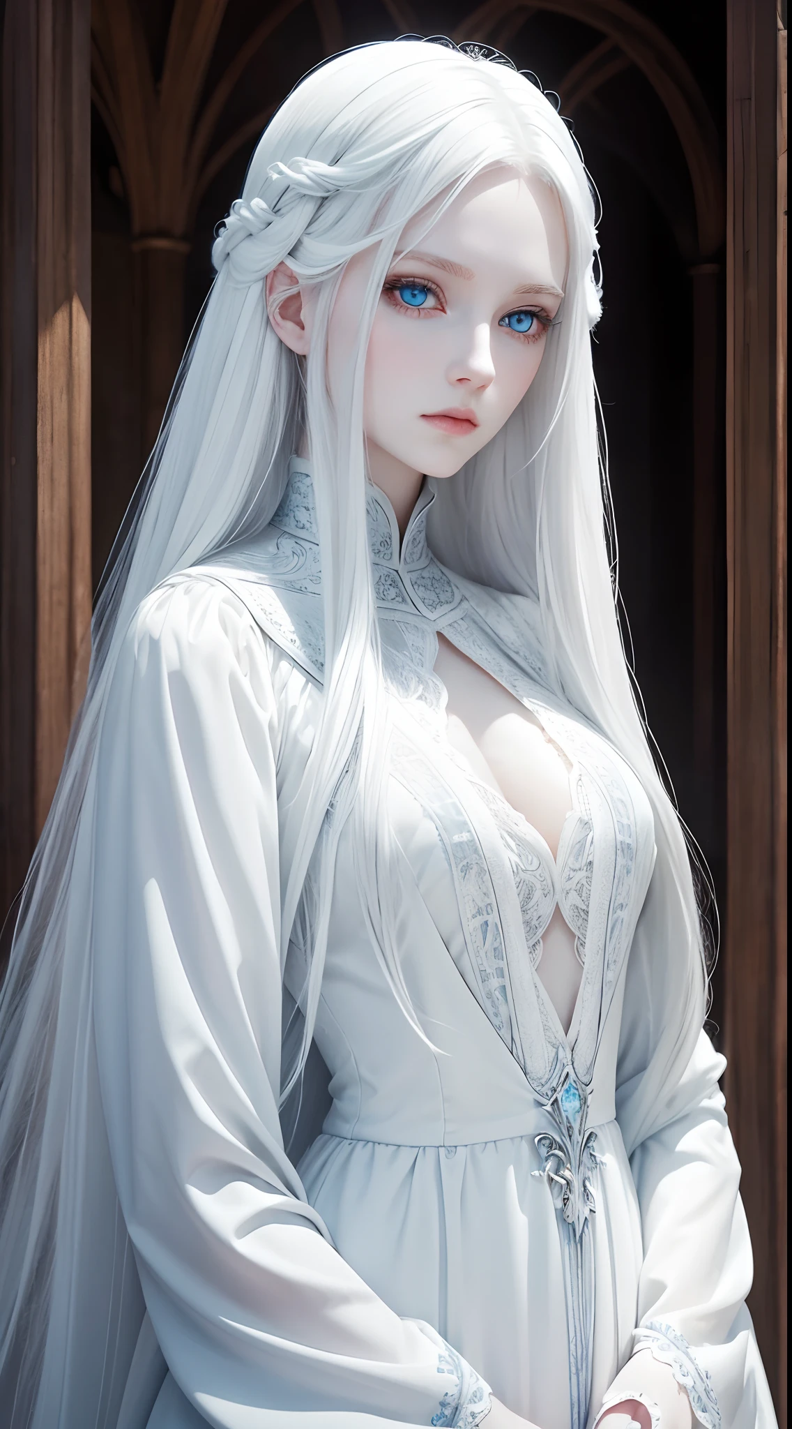  full body shot. a ultra real full body shot photo of 22 years old albino woman, green eyes. Long white hair, mysterious and innocent look, wet hair, blue limbs, Unbuttoned open coat, the background a ultra close up macro details, ultra contrast, of ultra dark decor. Intricate details of her beautiful eyes and perfect face. The most beautiful girl.