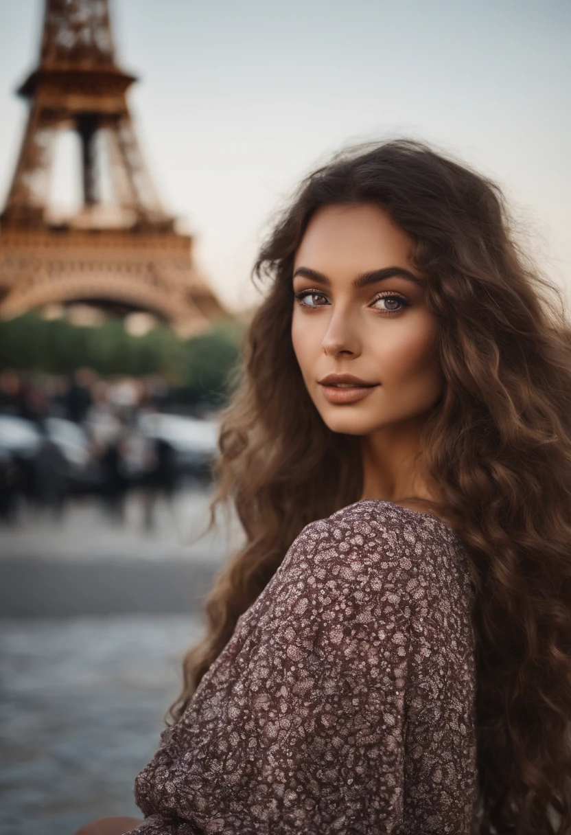 Arafed Woman with Bohemian Clothes, fille aux yeux bruns, Portrait Sophie Mudd, Long, curly, messy brown hair and big eyes, selfie of a young woman, Yeux de chambre, Violet Myers, sans maquillage, maquillage naturel, looking straight at camera, Visage avec Artgram, Maquillage subtil, Superbe photo du corps entier, devant la Tour Eiffel, It's elegant, Petit clivage