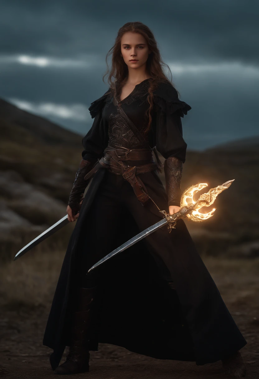 14 year old girl dragon slayer with long sword, black clothes, slim body, perfect body, sexy, (casting magic:1.4), fighting a drgaon, highly detailed, 8k, realistic Full HD, best quality, cinematic lighting, volumetric lighting