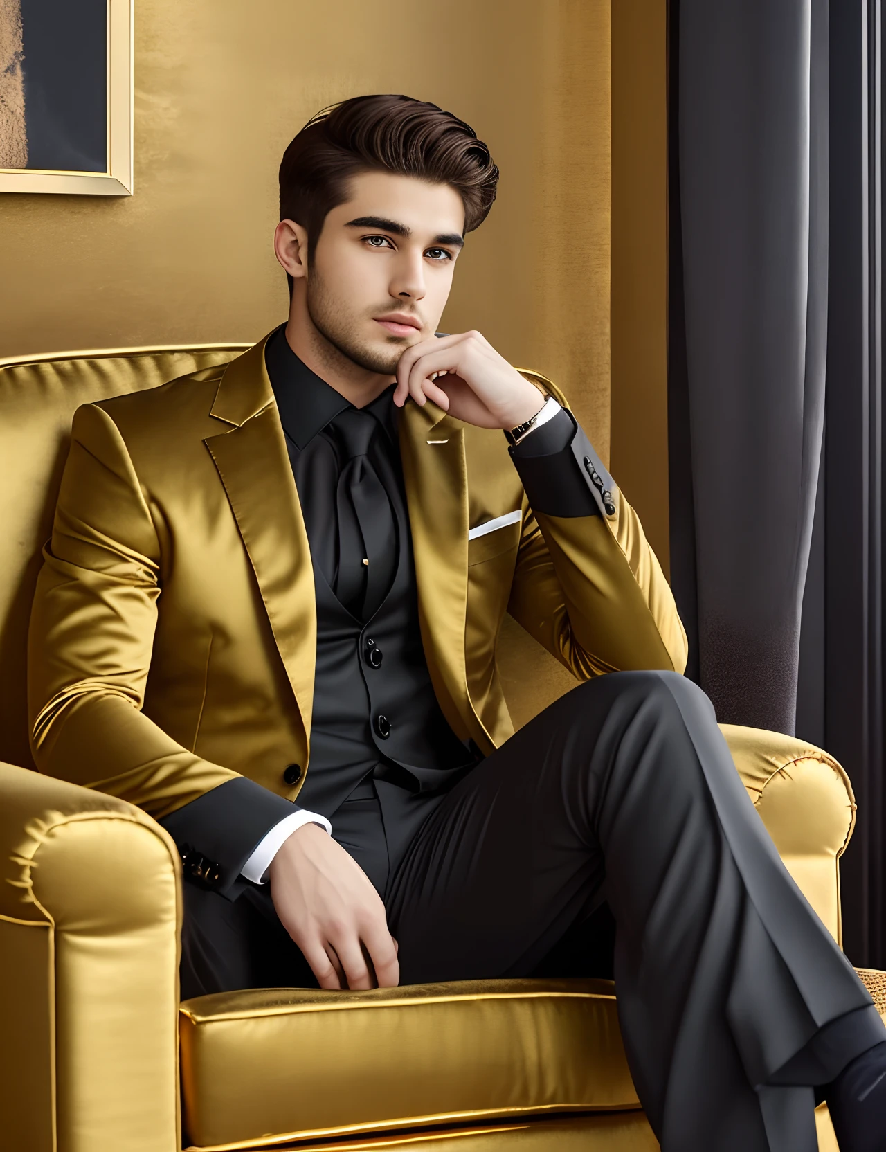 Attractive 25 year old man wearing full black suit a little beard , handsome male , sit in gold color sofa and luxury home background ultra realistic --auto --s2