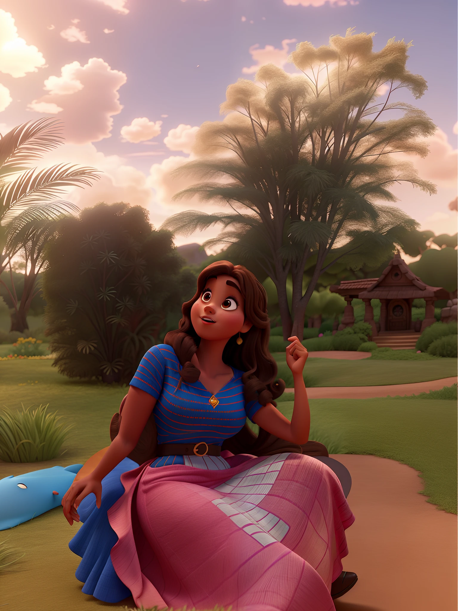 Disney-inspired 3D poster/ pixar capturando uma cena com uma mulher morena pele media, medium-bodied waist-length medium length brushed brown hair .