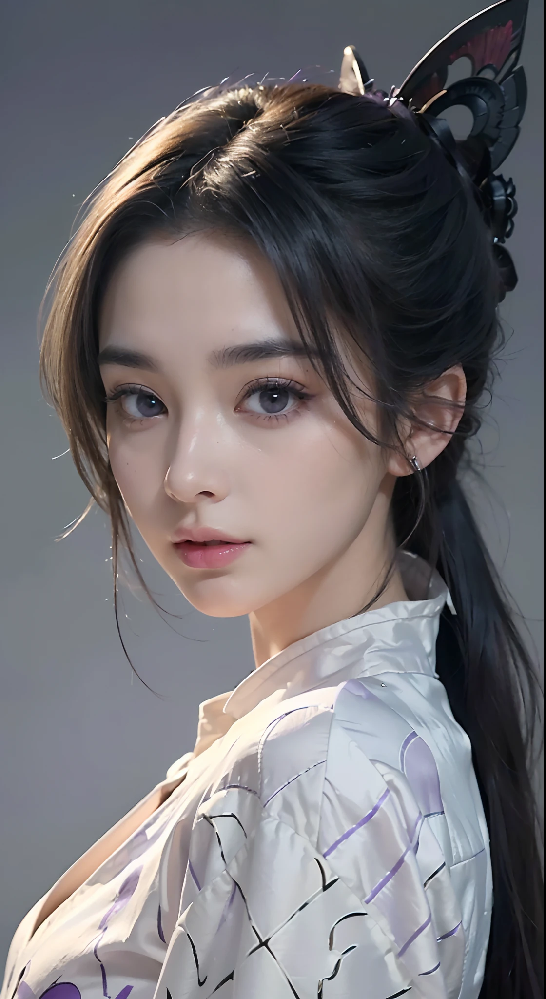 (Numerous award-winning masterpieces, with incredible details), ((Extremely beautifull face)), (extremely detailed realistic face features), (beutiful eyes), ((finely detailed true circle Symmetrical grey purple eyes)), (She has a beautiful face), (A majestic sight),