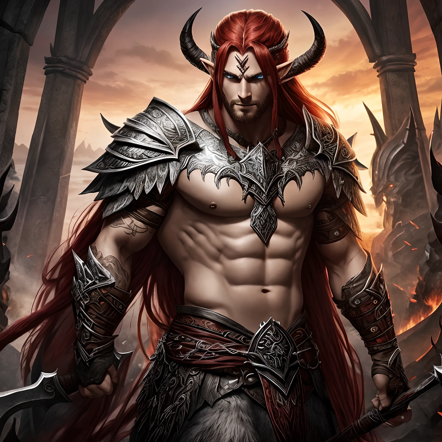 Berserker, Barbarian Elf, Arte de Fantasia, of his gaze alone enemies beginning to panic, one head, devilish smile, besta do inferno, demonio, White Fire Sky, guerreira, com foice e escudo, lindo, elfos, Werelion, Long red braided hair, olhos dourados brilhantes, realista, altamente detalhados, Motor irreal, 8k de luxo