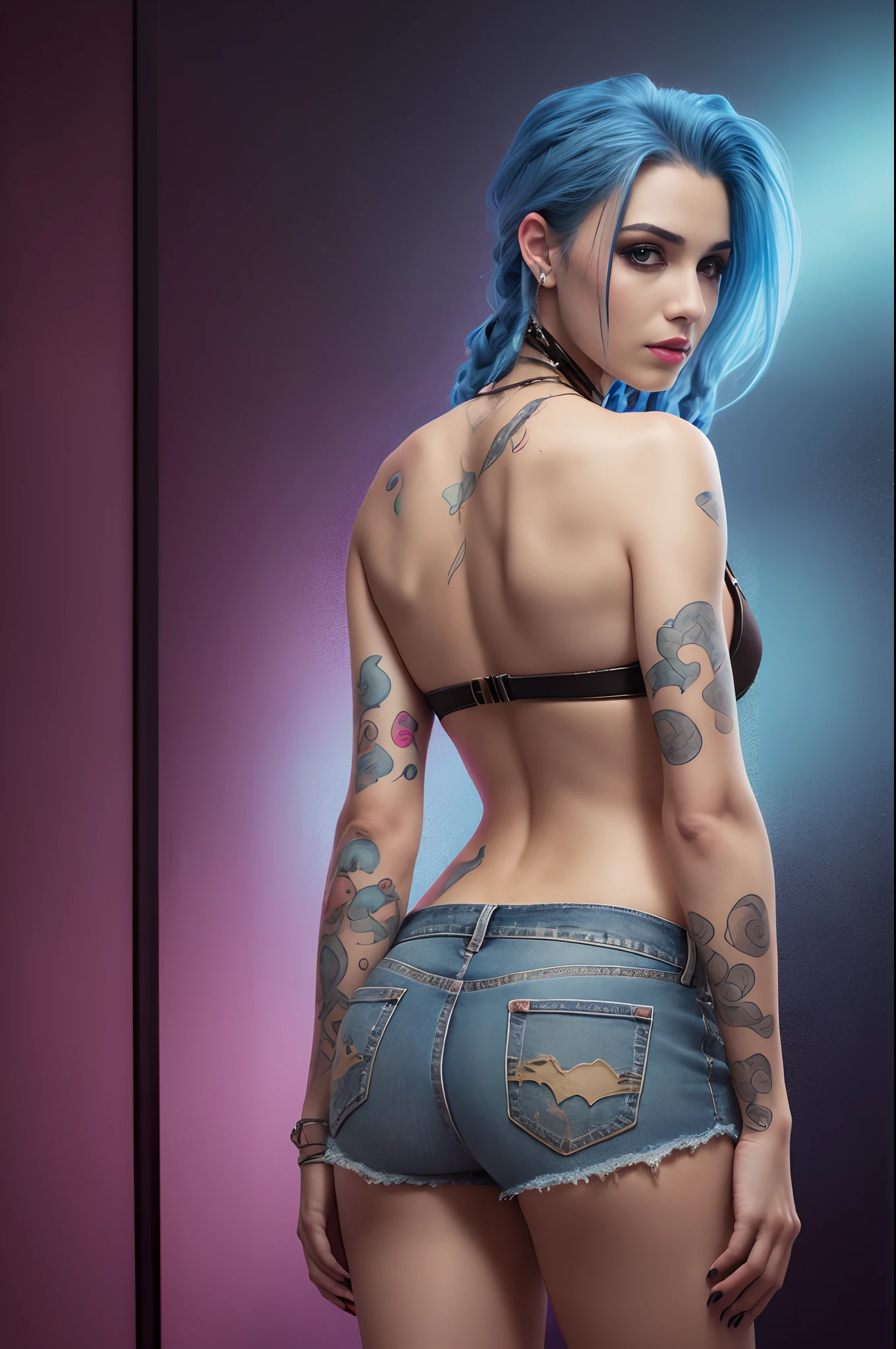 Jinx, (high detail skin:1.2), (high detail face), sexy clothing, ripped jeans, 3d, (photo-realistic:1.4), best quality, Masterpiece, rim lighting, back lighting, studio lighting, RAW photograph, 50mm lens, bokeh, depth of field, by Annie Leibovitz