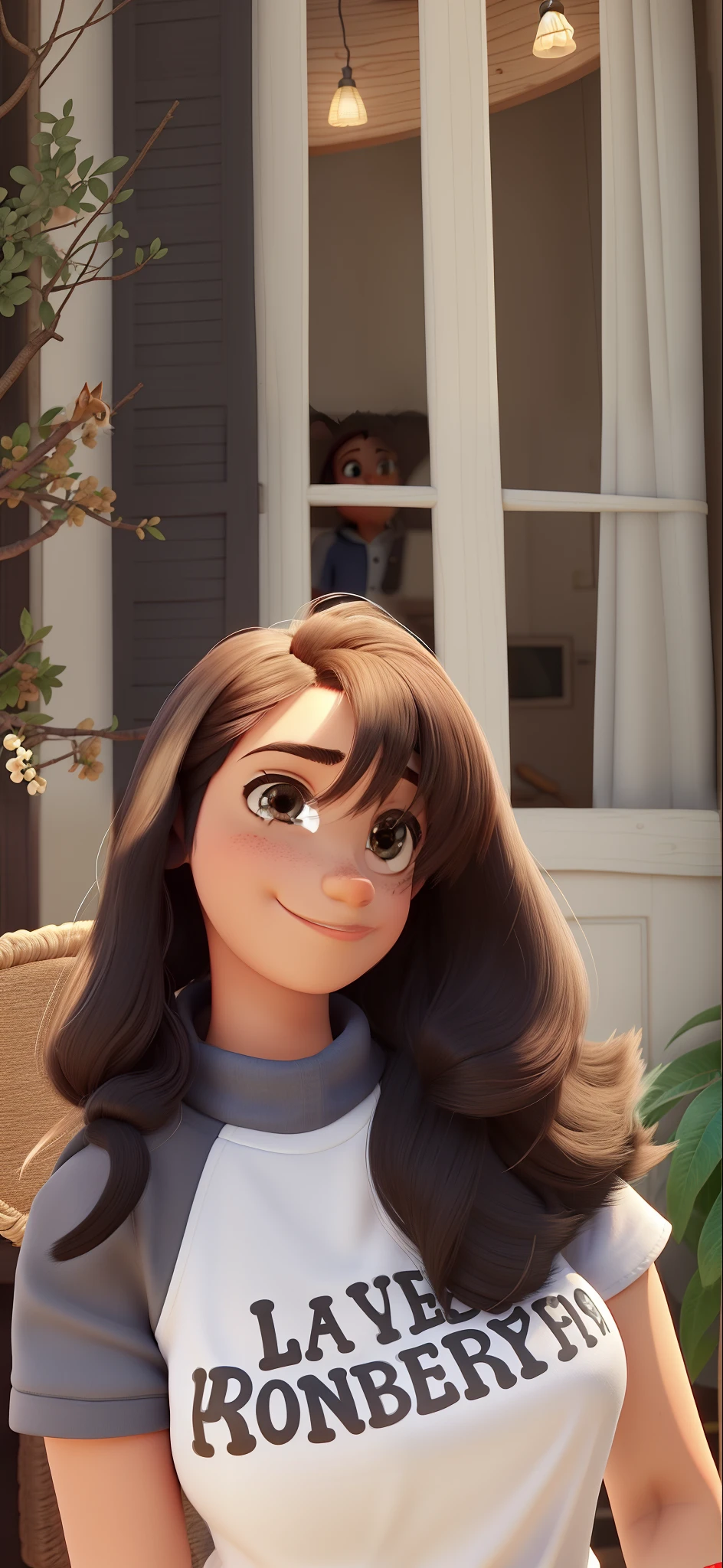 Pixar animation style. Uma garota de 14 anos e uma cachorrinha preta. the girl is skinny, com 1,75m de altura, pele branca, cabelos longos e pretos abaixo dos ombros. Cabelos um pouco ondulados. Com olhos amendoados e castanhos. Wears black eyeliner. Nariz redondinho e bochechas redondas. Com seios fartos e cintura um pouco mais fina que o quadril. Wearing a white shirt and jeans. The puppy is small and has short hair.