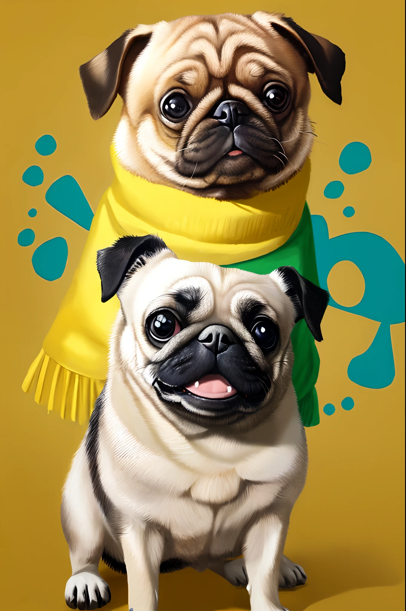 Chihuahua branco e amarelo rindo com um pug