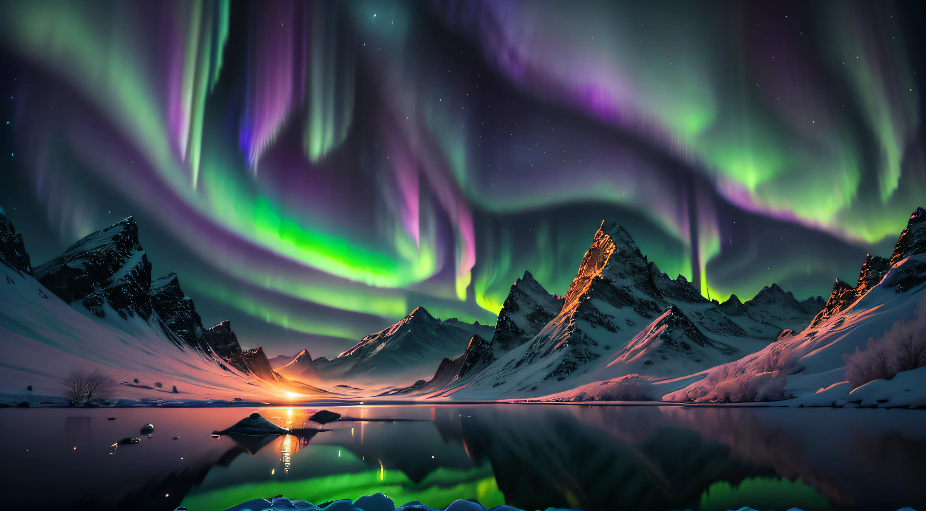 Northern Lights,Bob Ross style,painting,scenic art,landscape,oil paint,soft brush strokes,vivid colors,aurora borealis,night sky,twinkling stars,mountains,snow-capped peaks,reflection on water,peaceful atmosphere,tranquil setting,warm color palette,dramatic lighting,serene beauty,magical glow,ethereal,harmony and balance,subtle texturing,masterpiece:1.2,highres,soft transitions,smooth blending,emotive,atmospheric,awe-inspiring,majestic,calm and soothing,vibrant hues,gentle movement,sublime vistas