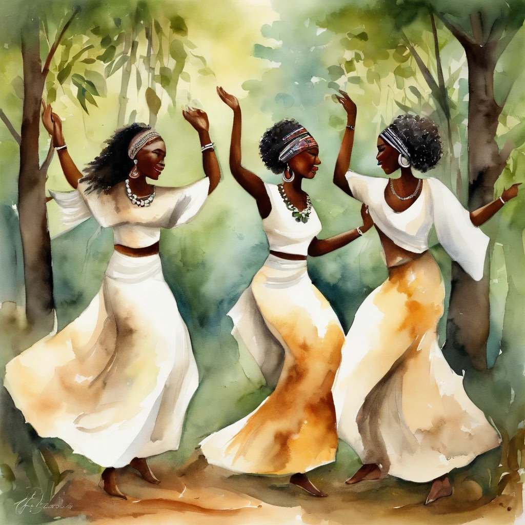 African women dancing in the forest wearing white clothes, mulheres africanas, roupas brancas