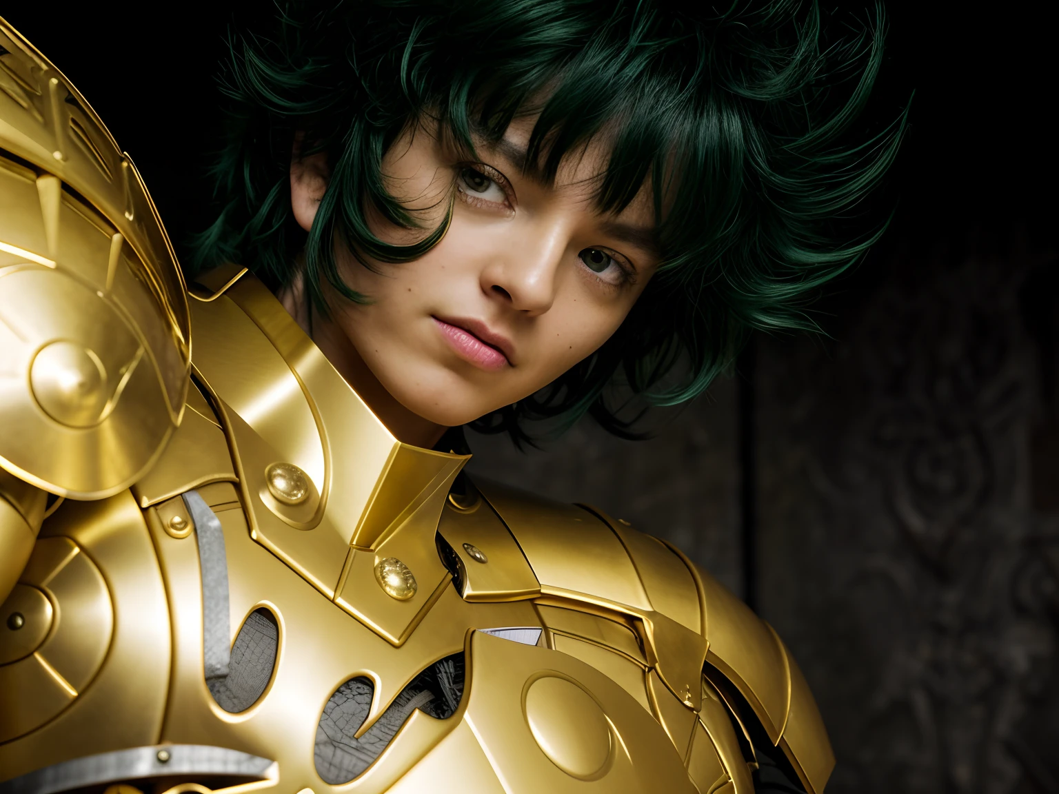 Cinematic stunningly detailed and ultra-realistic of Shura of Capricorn of Saint Seiya. Close up, slightly low and side view. He is wearing a golden detailed medieval armor. Shoulder armor. Muscular. He is Spanish man about ((35 years old)). 1boy. Detailed face. (Pretty big green eyes). Perfect eyes. (Serious look). ((Strong exrepssion)). (Shaved)). He has short green hair. Messy hair. Bangs. (breast less). He is staring his enemy. (full body armor), (detailed armor, high quality), (ornate armor), (hdr), (noble), inspiring, film, cinematic lighting.