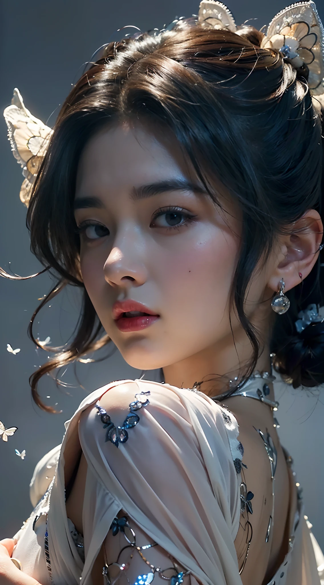 chinese ghost story,
(Wang Juxian:1.1),(Ni Xiaochen:1.2),Chenbyohun,1 woman,alone,black hair,long hair,hair bun,mole,realistic,clothes,bijouterie,Lips,earring,hair bun,중국clothes,Hanfu,looking for_consolation,beautiful detailed eyes,고대 중국 clothes,
(Pure white clothes:1.5),투명한 clothes,(흰clothes:1.5),
ancient background,calligraphy background,very long hair,(sheer curtain:1.3),gauze curtains,strap lift,tear,Eyes through hair,wallpaper,huge file size,Sinicization,Chinese art,shukezouma,Foreshortening,~at_Under,, best quality , masterpiece, illustration, very delicate and beautiful, very detailed ,CG,unity,8k wallpaper, amazing, in detail, masterpiece, best quality,official art,very detailed CG unity 8k wallpaper,absurd, incredibly absurd, huge file size , very detailed, mackerel, very detailed,beautiful and detailed girl, very detailed eyes and face, beautiful detailed eyes,light on the face,