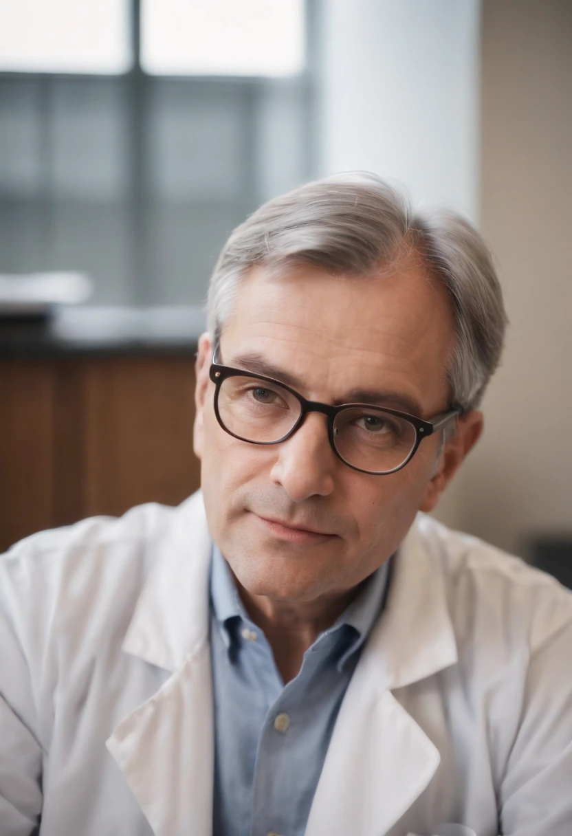 In a cozy office, a middle-aged man with graying hair and glasses sits at his desk. He is a doctor, surrounded by medical equipment and files. As he looks directly at the camera, his kind eyes convey a sense of compassion and expertise.