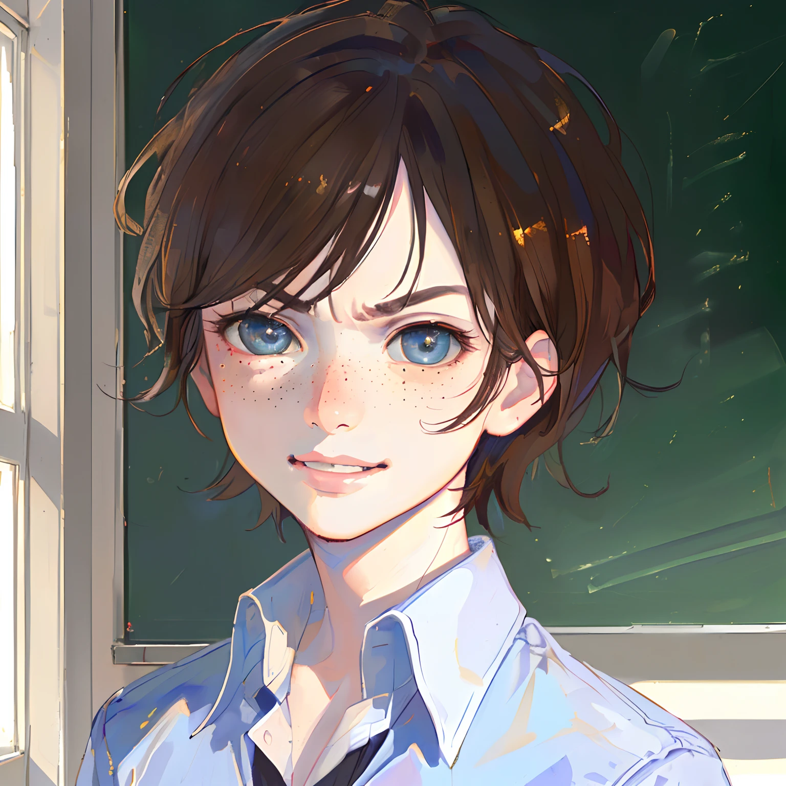 Details: (((((masterpiece))), best quality, (cowboy shot), perfect anatomy, (detailed face), indoors, classroom, sunny, warm sunlight, (((realistic faces))), realistic anatomy, painterly)) boy: ((perfect eyes))((1boy), (((shota))), ((shaded face)), blushing, freckles, smile, angry, ((solo)), brown hair)