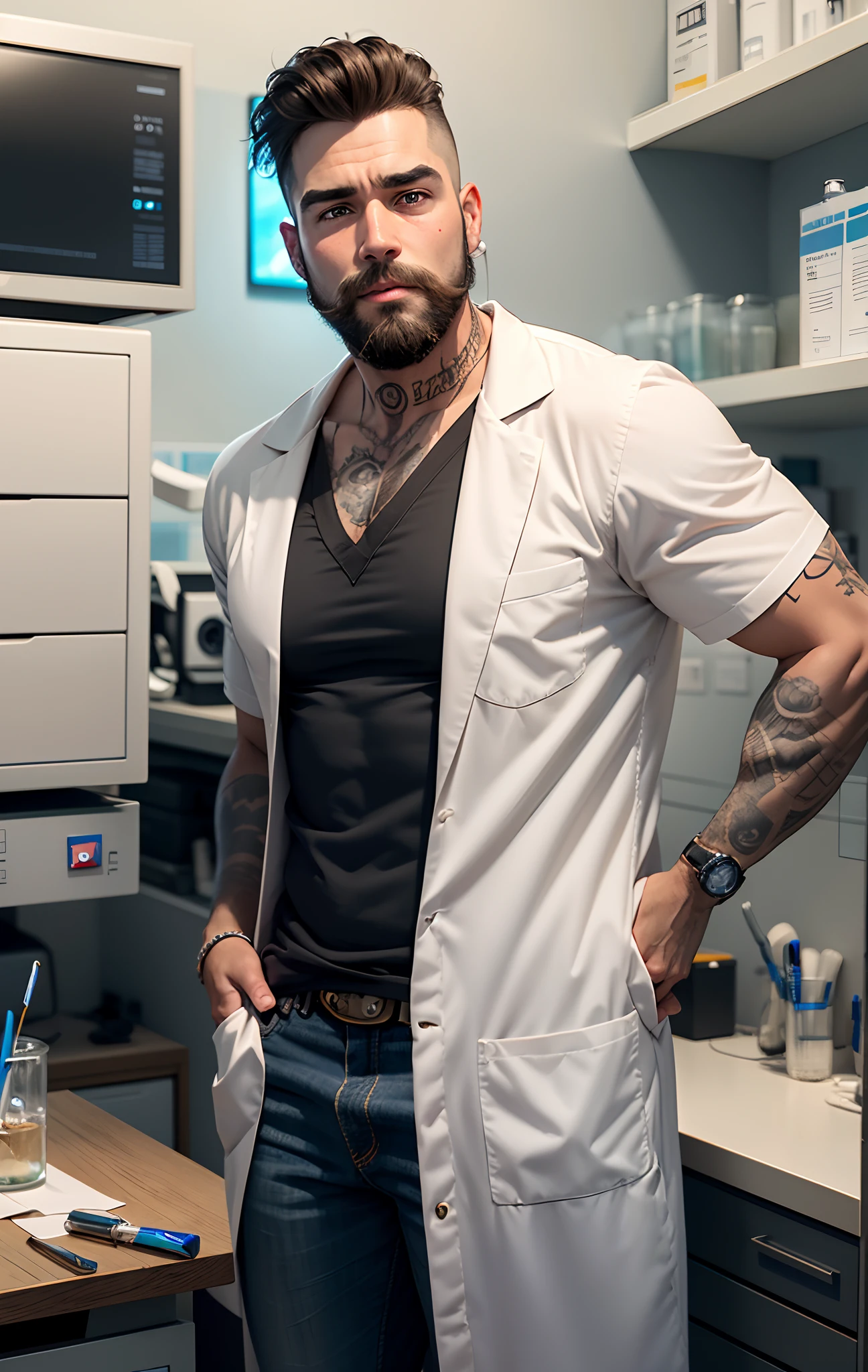 Dentist short square beard with two tattooed arms, pixar 3d child movie cover style in the CISO dentistry office 3d written in lab coat Dr Lucas Fonseca