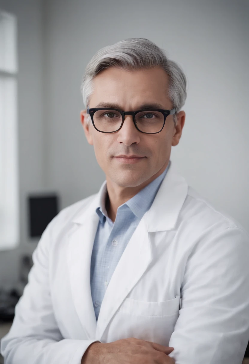 A distinguished 45-year-old man with salt and pepper hair, wearing a white lab coat and glasses, sits at his desk in his office. On the desk, there are stacks of medical charts and a computer, as he looks directly at the camera with a confident gaze.
