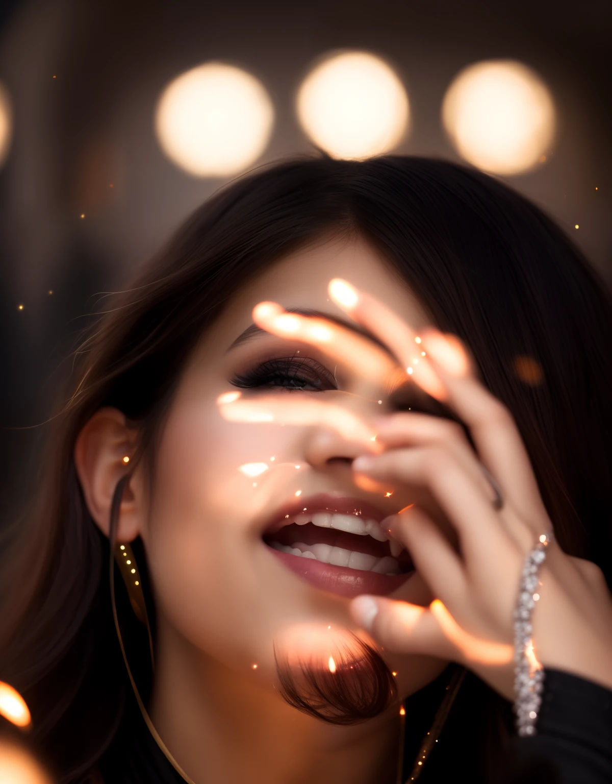 ((masterpiece, best quality)), highres, 8k, cinematic light, high contrast, depth of field, intense glow, detailed background, 1girl, cute, detailed eyes, sparkle in eyes, detailed iris, grin, stylized, open mouth, fang,