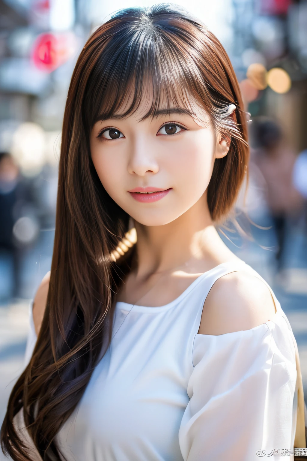 (top-quality,8K picture quality,​masterpiece:1.3,),(超A high resolution:1.3,Photorealsitic:1.4,Raw photography:1.2),(ultra-detailliert,shinny skin,Detailed skin),(Detailed face,Perfect Anatomy,Caustics),女の子1人,kawaii,japanes,22year old,Japanese ido,Natural brown hair,shoulder length hair,Pretty eyes,natural make up,Oversized T-shirt,a smile,Looking at the camera,up on the face,Face Focus,street corner,Professional Writing,natural soft light,