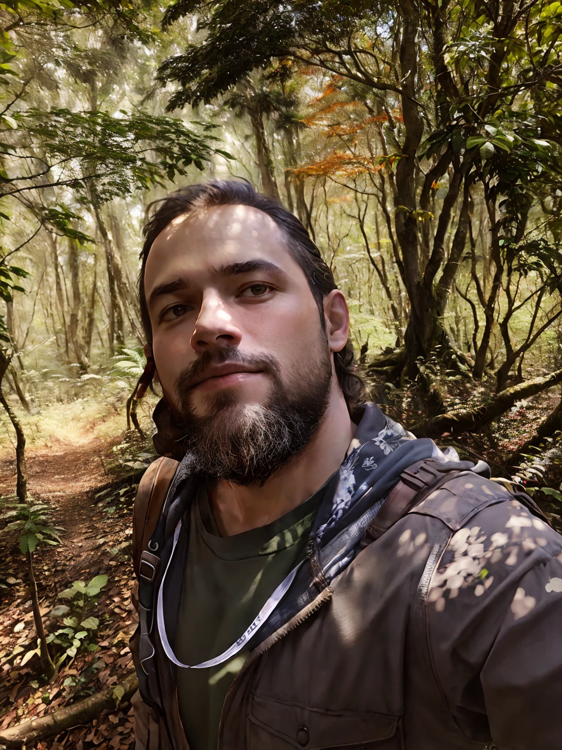 There's a man who's taking a selfie in the woods, taken in the early 2020s, foto do perfil, foto de perfil, em frente a um fundo de floresta, Sentindo a Natureza, Fotografia selfie 8k, Forrest em segundo plano, selfie shot straight on angle, foto de perfil, Forrest em segundo plano, imagem de perfil, trees in the background