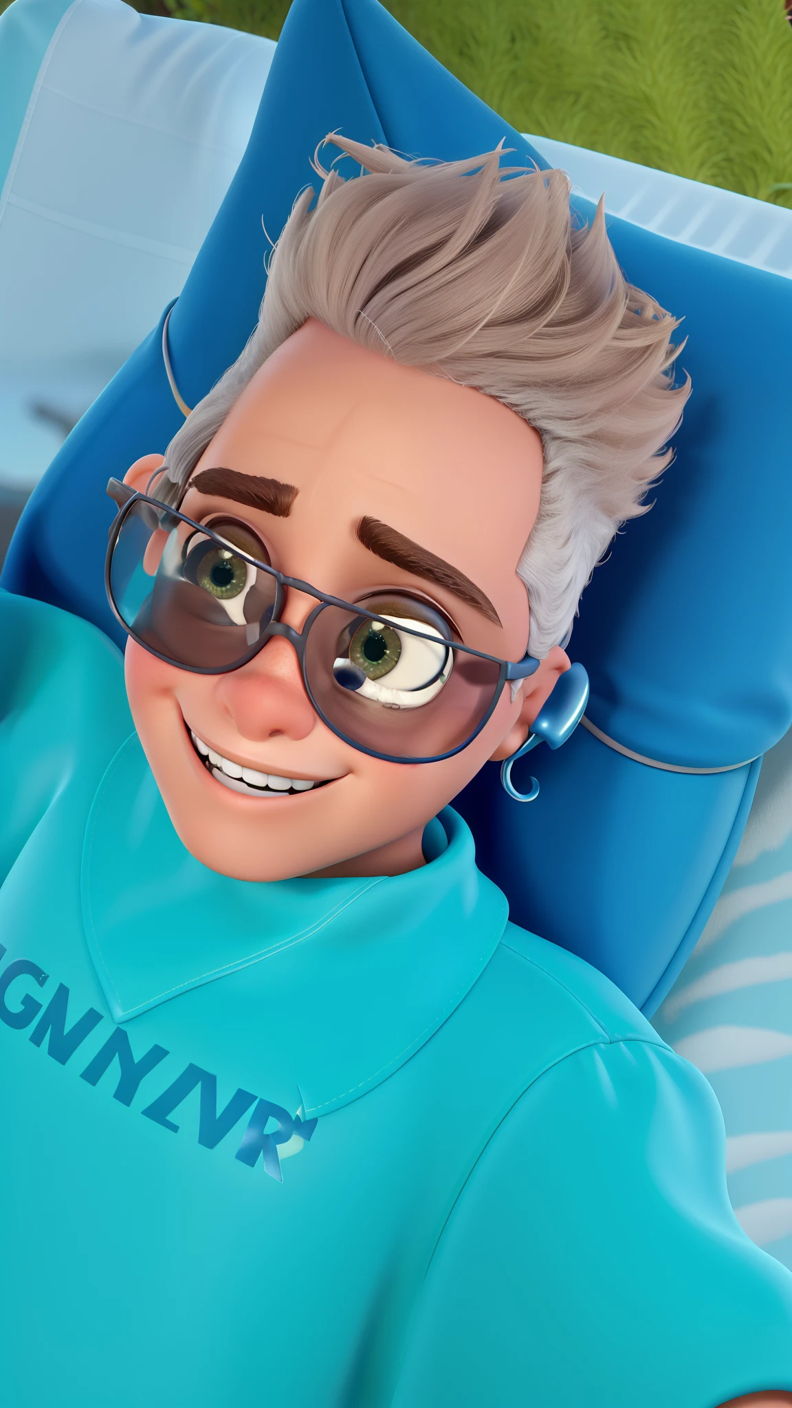 Criar imagem no estilo Disney pixar jovem 22 anos cabelo curto degrade grisalho deitado na grama