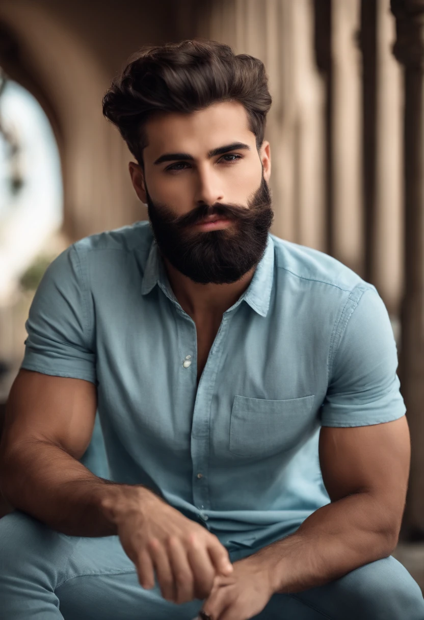 Homem de 20 anos com barba, cabelo, strong masculine features,Homem pouca barba bonito, Torso masculino, Barbu, colmo, masculine features, barba encaracolado, detalhes perfeitos, very realistic, Characteristics of Arabic, Random Summer Outfits